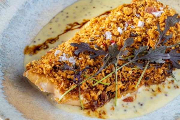 Roasted Chicken Breast with Honey Mustard Glaze and Ham Crumble